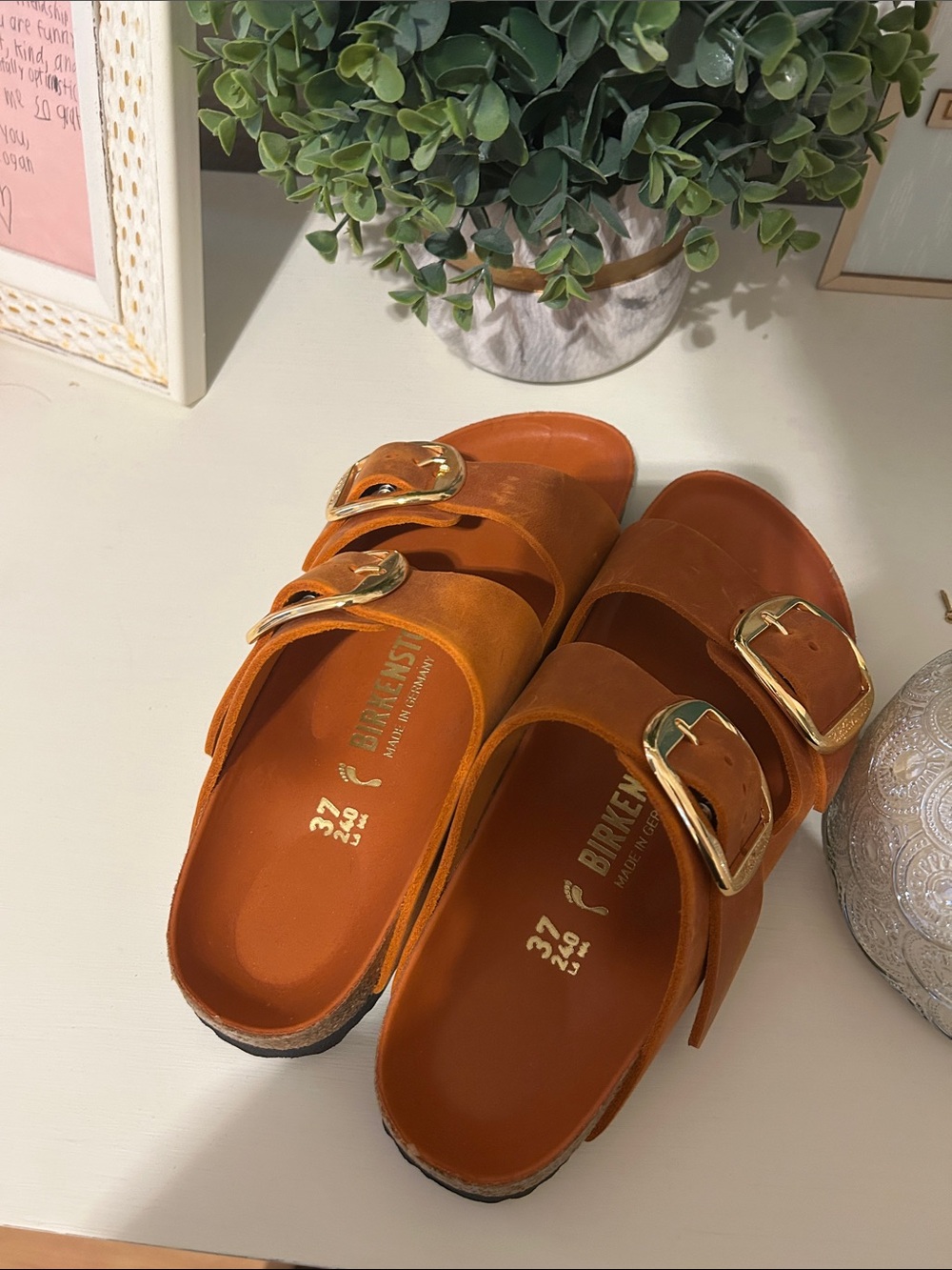 Birkenstock 37  Arizona Orange Leather Double Buckle Slide Sandals NWOT